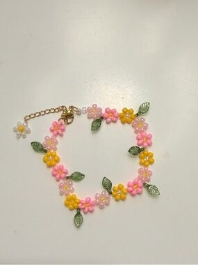 Handmade Pink & Yellow Daisy Beaded Bracelet with Green Leaf Accents